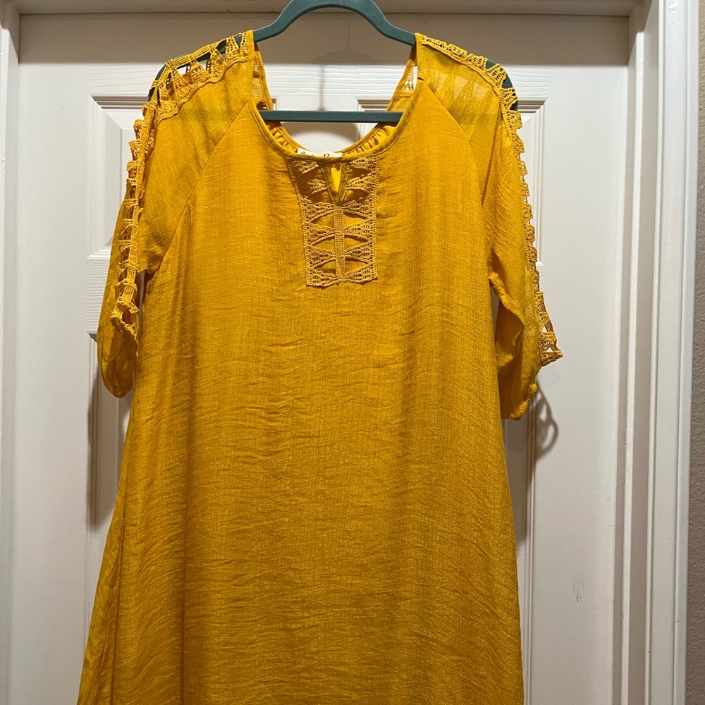 INDIGO ROSE Yellow Gold Boho Crochet Detail Tunic Dress Large Lined